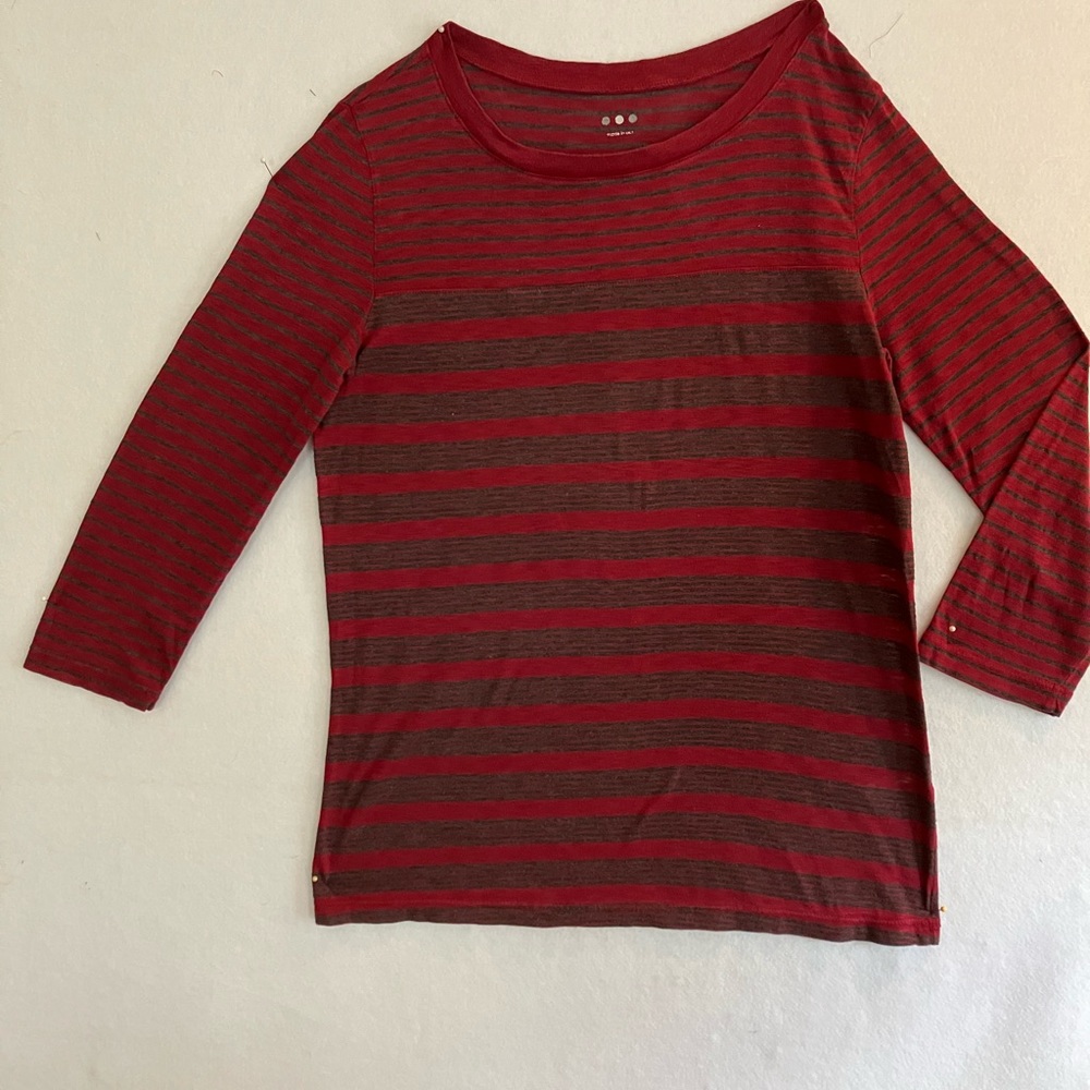 Three Dots red & gray striped tee